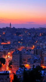 Twilight urban skyline with warm streetlight grid composition.