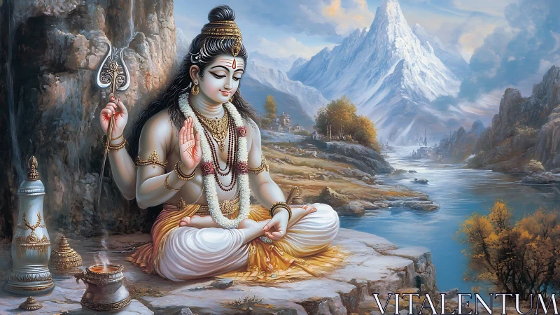 Digital painting of Shiva in meditative Himalayan landscape.