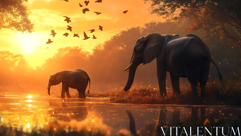 Sunlit elephants wading through golden river at dusk.