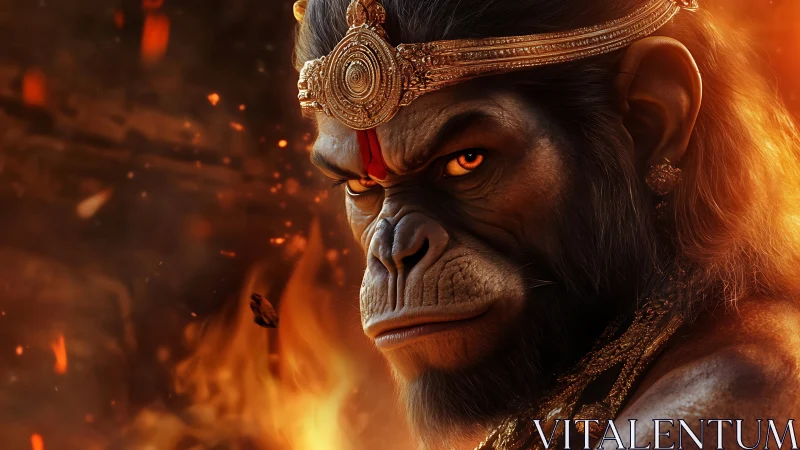 Simian warrior figure in ornate crown amid firelight.