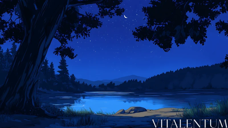 Moonlit lakeside landscape rendered in cool nocturnal hues