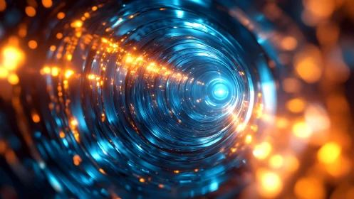 Futuristic glowing tunnel with blue and orange lights, digital art.