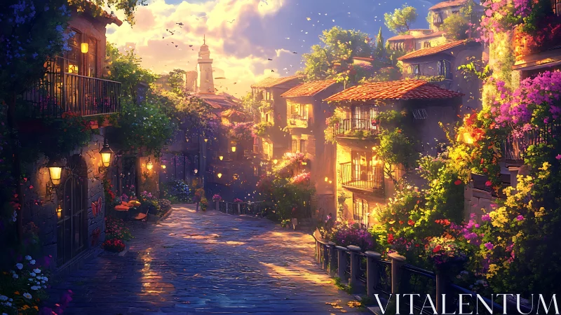 Sunlit hillside village street under glowing floral canopies.