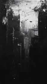 Monochrome vertical megacity rendered as eroded data field.