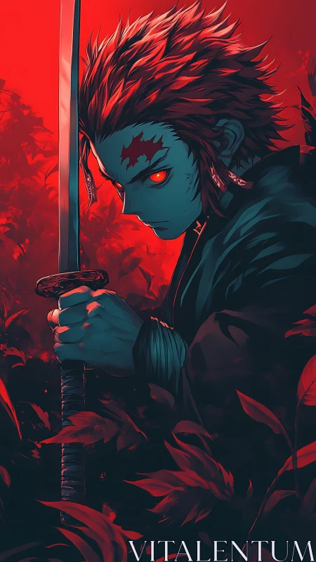 Demonic swordsman grips katana amid crimson foliage storm.