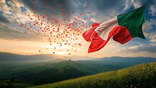 Sunlit Italian flag waves proudly over peaceful green hills