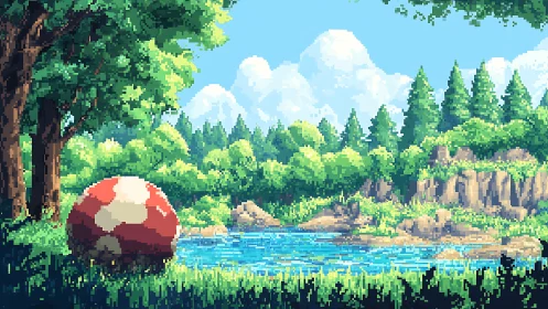 Pixel Forest Landscape with Pokéball and Lake.