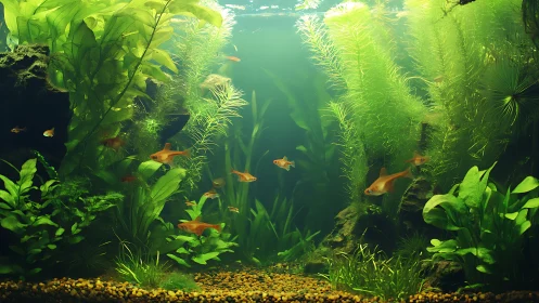 Planted freshwater aquarium with small orange fish school.