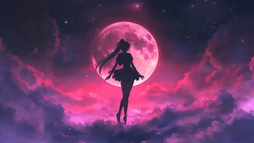 Silhouette of floating girl aligned with glowing pink moon