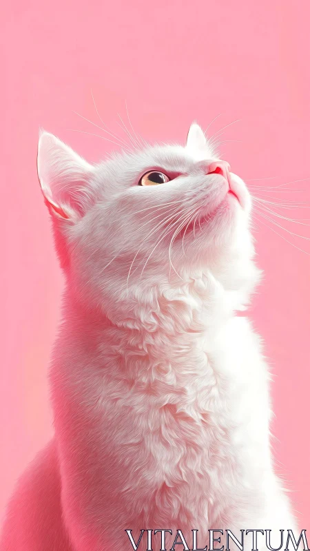 White Cat Looking Upward Against Soft Pink Background