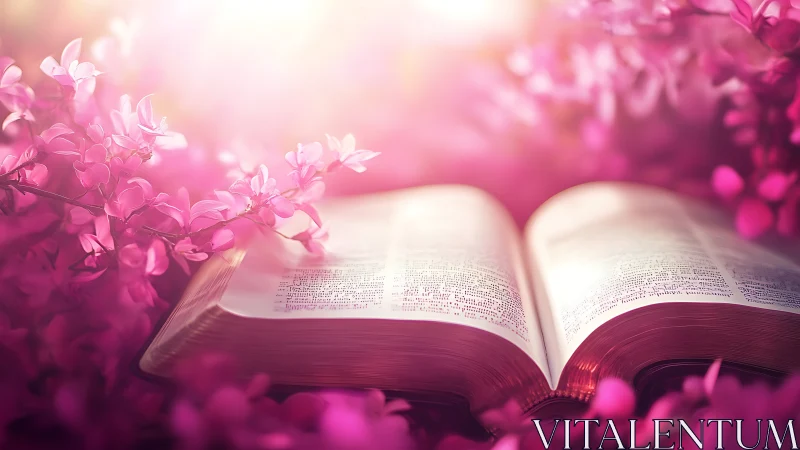 Open bible rests in glowing pink spring blossoms.