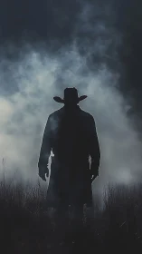 Cowboy silhouette cuts through rolling night fog field.