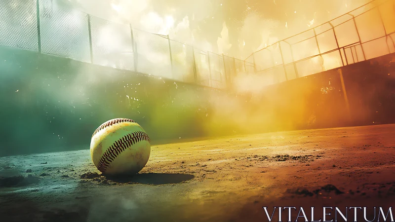 Baseball on dirt field with dramatic sunset light.