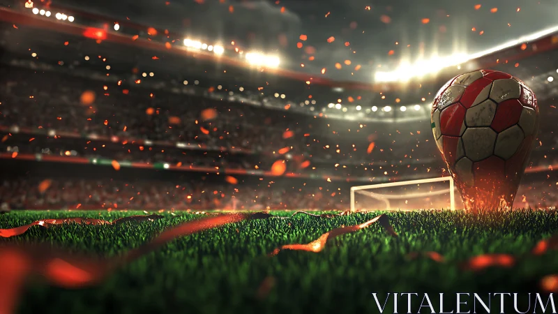 Soccer stadium field with close-up ball, net and confetti.