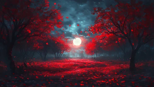 Red forest landscape under full moon with dark horizon.