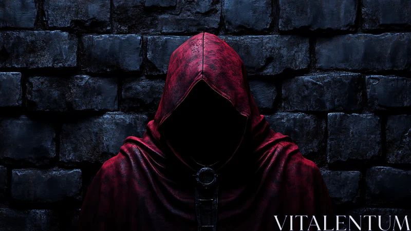 Hooded figure in red cloak stands before dark stone wall