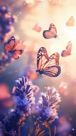 Butterflies drift through glowing lavender at sunset.
