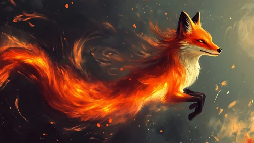 Fiery fox leaping through swirling embers and smoke.