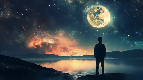 Moonlit dreamer standing by a quiet, star-filled shore.