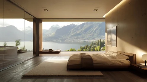Calm lakeside bedroom retreat with soft morning mountain views.