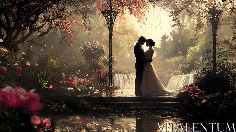 Silhouetted couple in formal attire within floral garden setting.