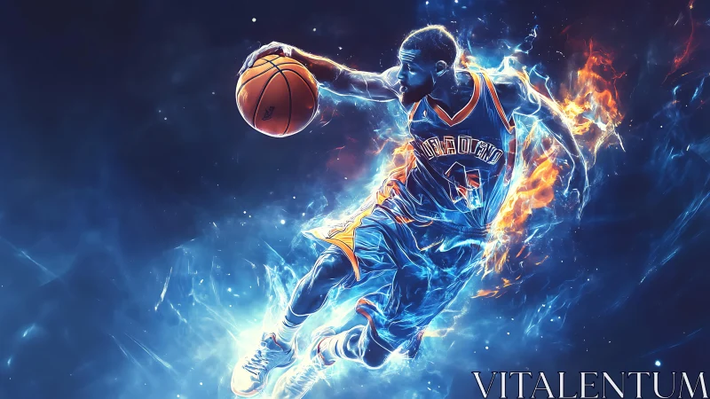 Dynamic digital painting of glowing basketball player in air.