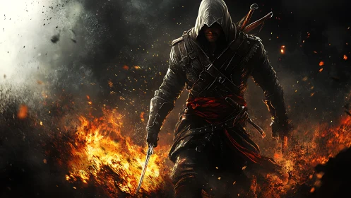 Hooded rogue warrior strides through blazing battlefield.