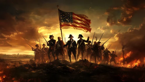 Continental soldiers raise early United States flag in battle