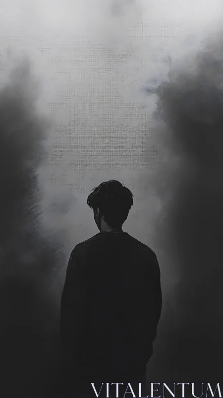 Solitary figure stands in misted grayscale void. Period.
