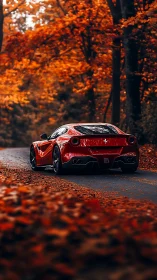 Red supercar glides through a quiet autumn forest road.