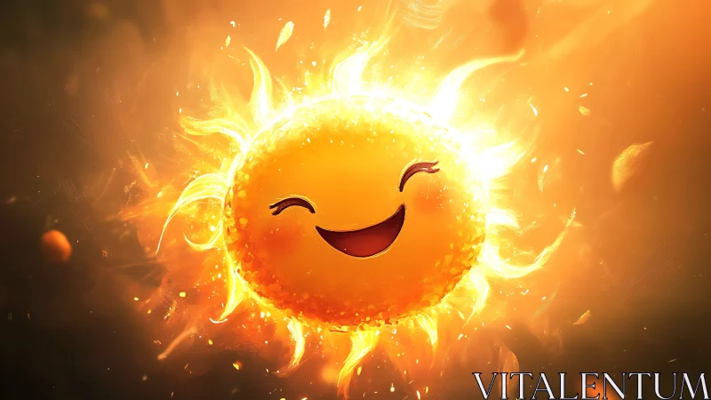 Giggling solar mascot radiating warm cartoon sunshine.