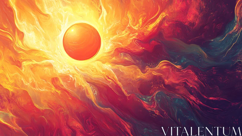 Solar flare sphere amid swirling cosmic firestorm.