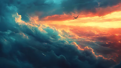 Sunlit dragons gliding through dreamlike stormy clouds.