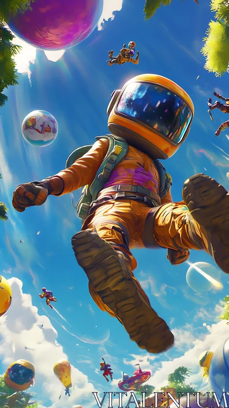 Astronaut figure descends toward viewer within stylized sky scene