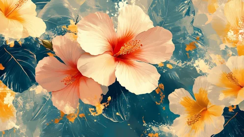 Layered Floral Composition with Red Hibiscus Centerpiece.