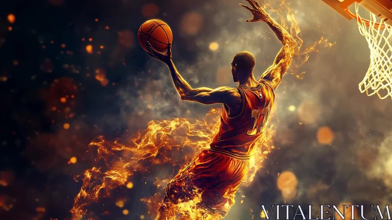 Fiery basketball dunk frozen in a glowing midair moment.