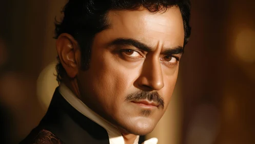 Intense male portrait under warm dramatic studio lighting