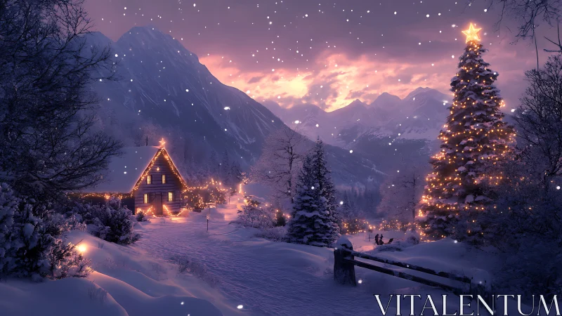 Snowlit alpine cabin and towering Christmas tree at dusk.