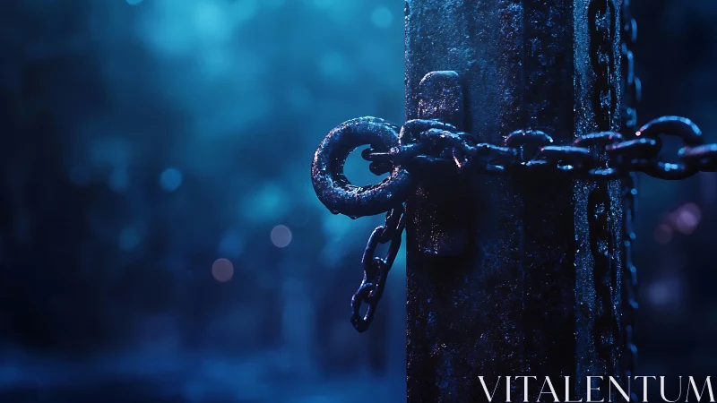 Moonlit iron chain guarding a silent, fog blue threshold.