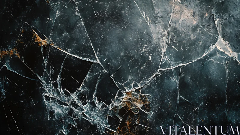 Fractured glass surface displays intersecting cracks and stress