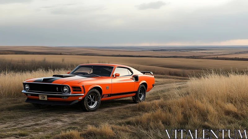 1970 orange Ford Mustang Boss 302 on rural dirt track at dusk