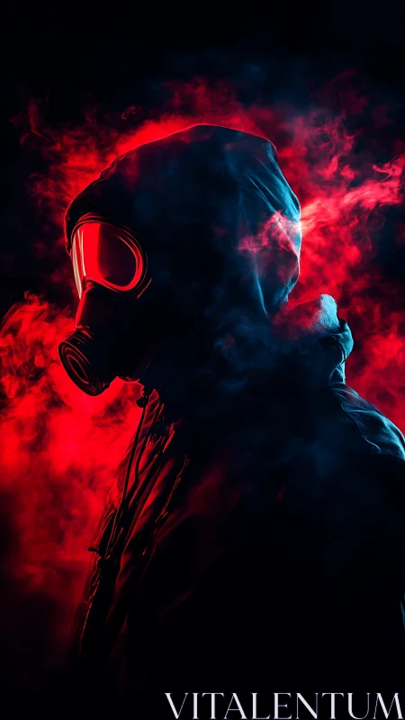 Hooded gas mask silhouette in neon red vapor glow.