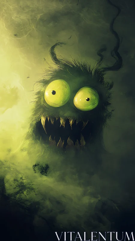 Glowing-eyed furry monster emerges from toxic mist with fanged grin