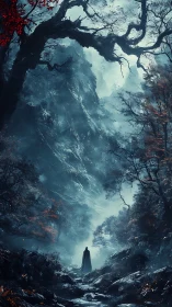 Solitary cloaked figure traverses a mist-laden enchanted ravine