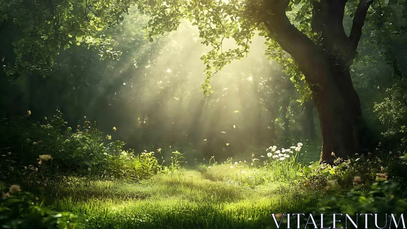 Sunlit Forest Clearing with Wildflowers in Dreamy Nature Style.