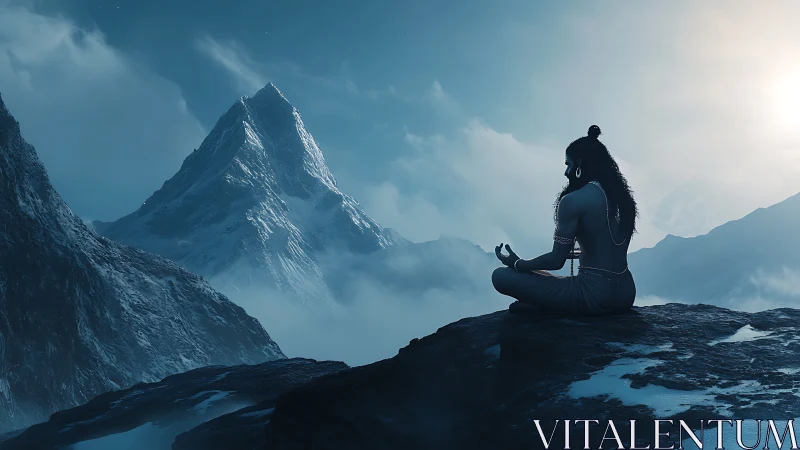 Meditating ascetic on icy mountain summit at dawn.
