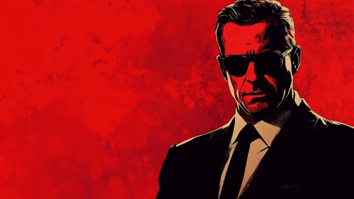 Cool suited agent stands bold against a vivid red backdrop