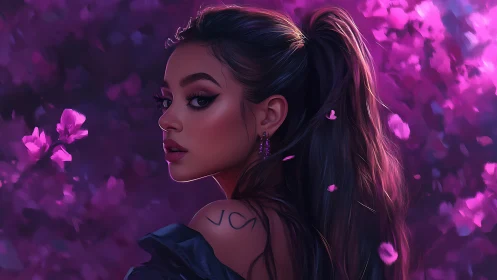 Digital portrait of woman with tattoo in pink flowers.