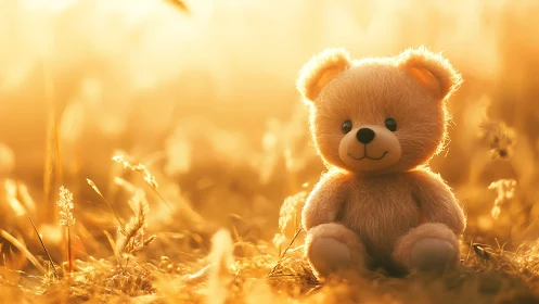 Sunlit teddy bear sits gently in a warm golden meadow glow