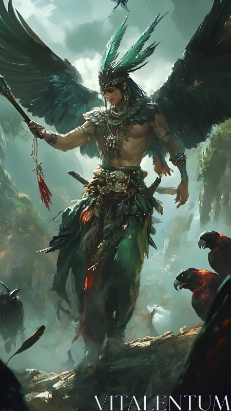 Skyborne jungle shaman strides with storm-feathered wings.